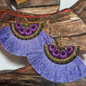 Purple and Gold Fan Tassel Earrings